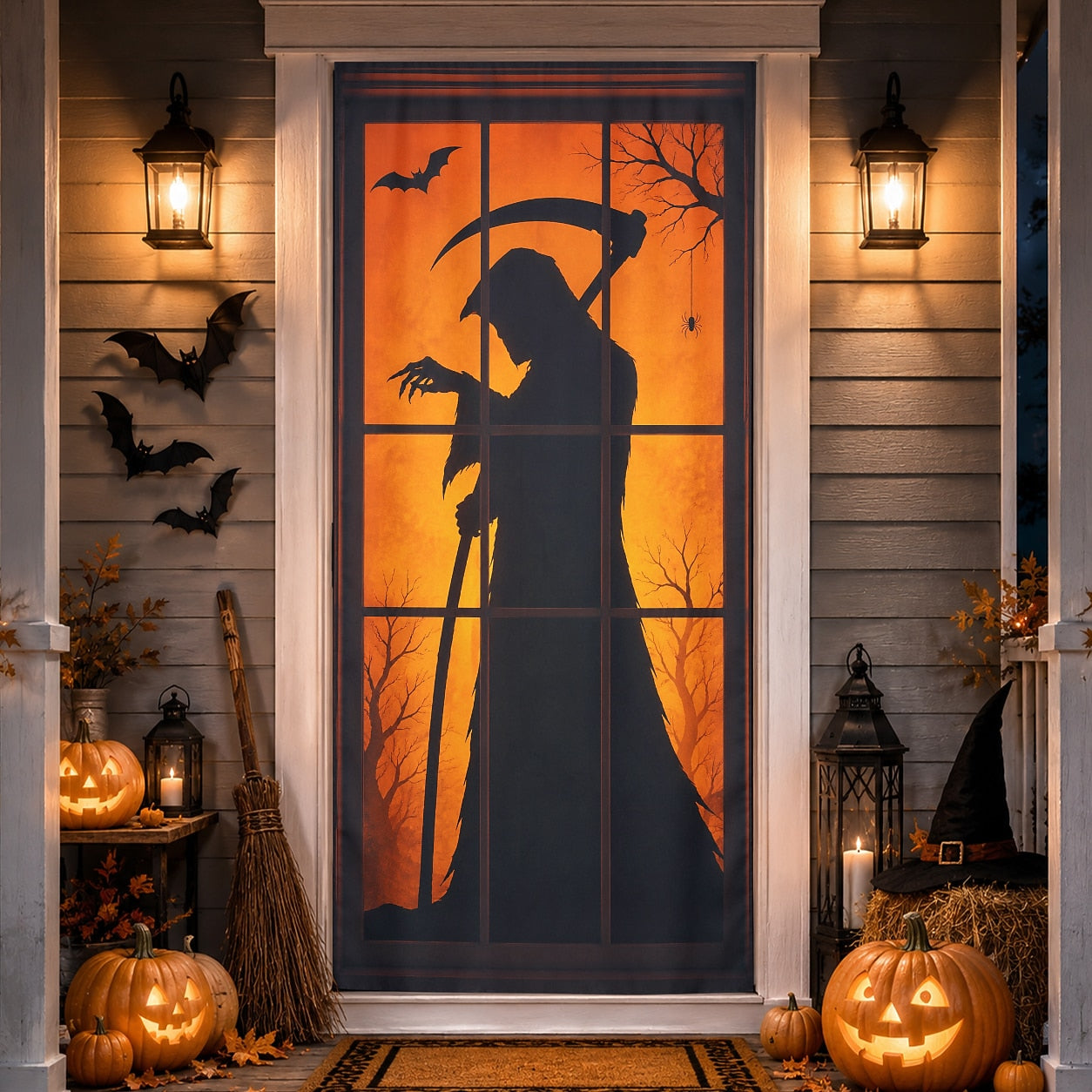 Web Bloody Hands Banner Halloween Door Cover Black Cat Grim Reaper