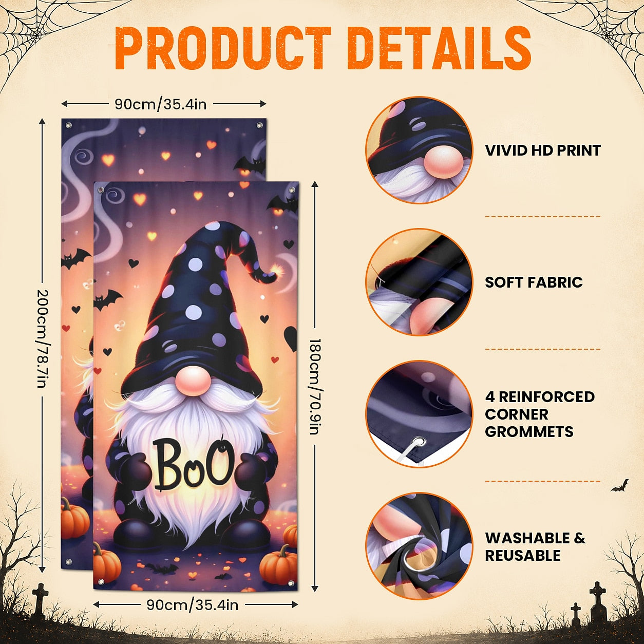 Gnome Boo Witch Pumpkin Banner Halloween Door Cover