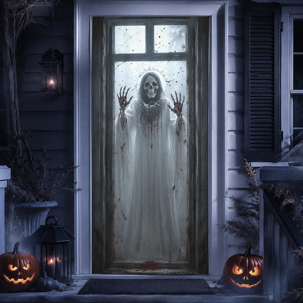 House Door Wrap Banner Halloween Door Cover Skeleton Ghost Window Spider