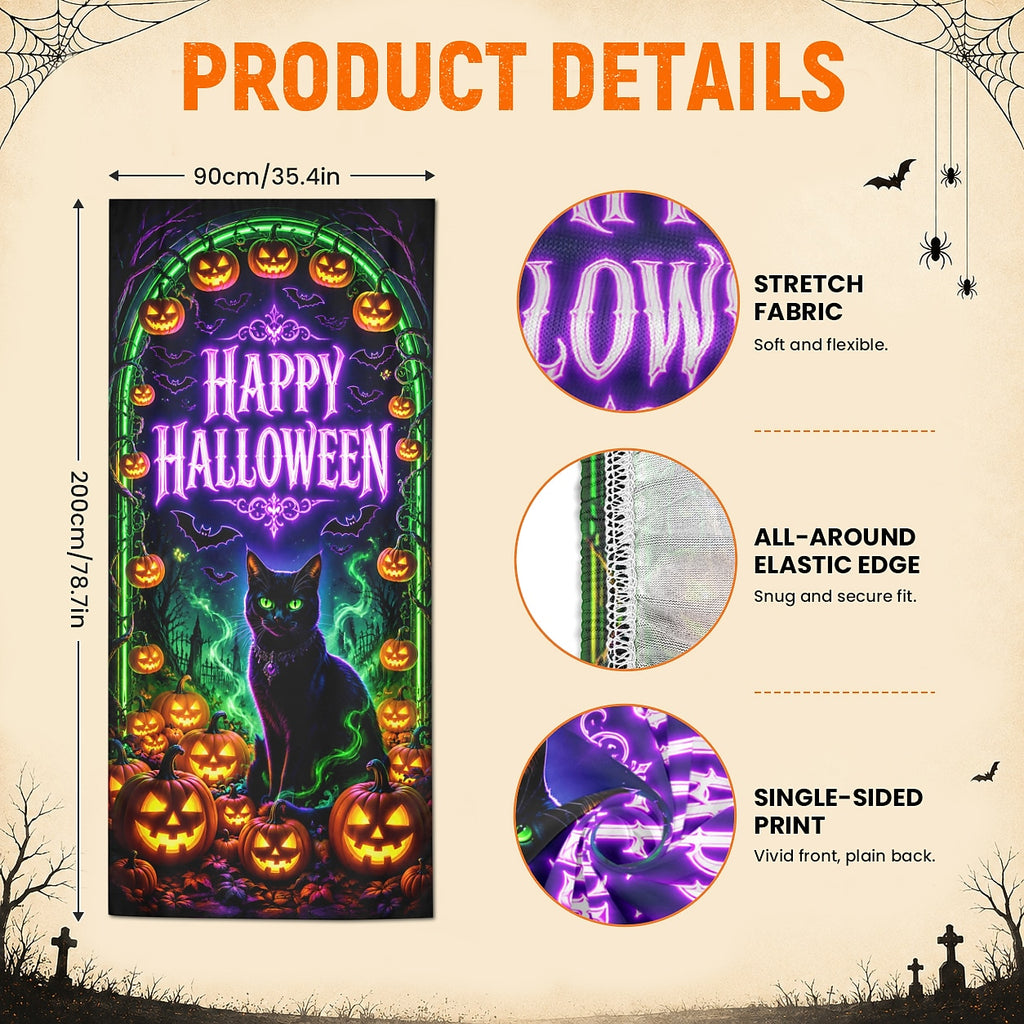 Haunted House Banner Halloween Door Cover Black Cat Pumpkin Bats Neon UV