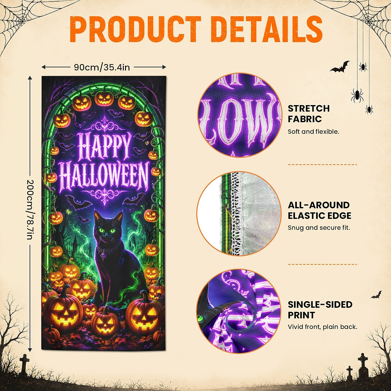 Haunted House Banner Halloween Door Cover Black Cat Pumpkin Bats Neon UV