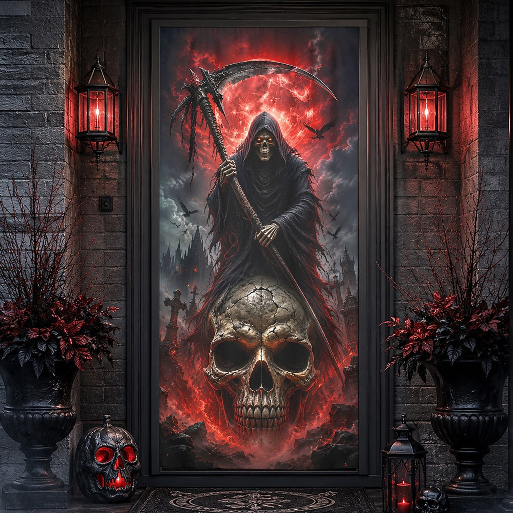 Door Scary Undead Door Banner Halloween Door Cover Grim Reaper Skull Red