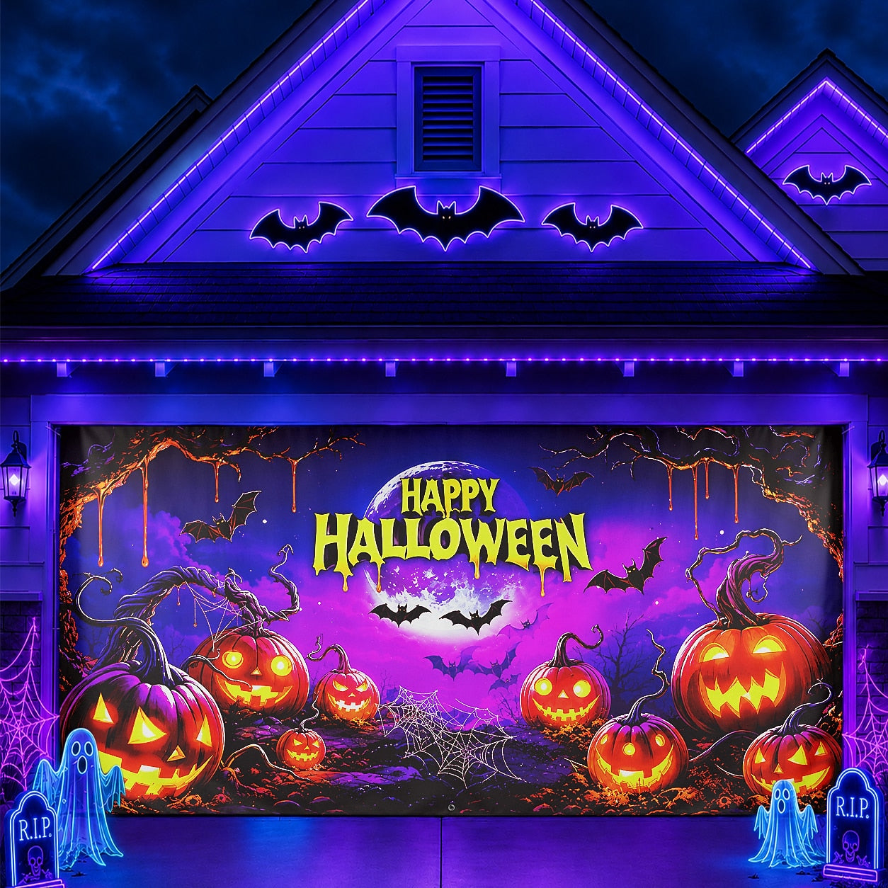 Fluorescent Happy Halloween Pumpkin | Halloween Garage Door Banner Cover