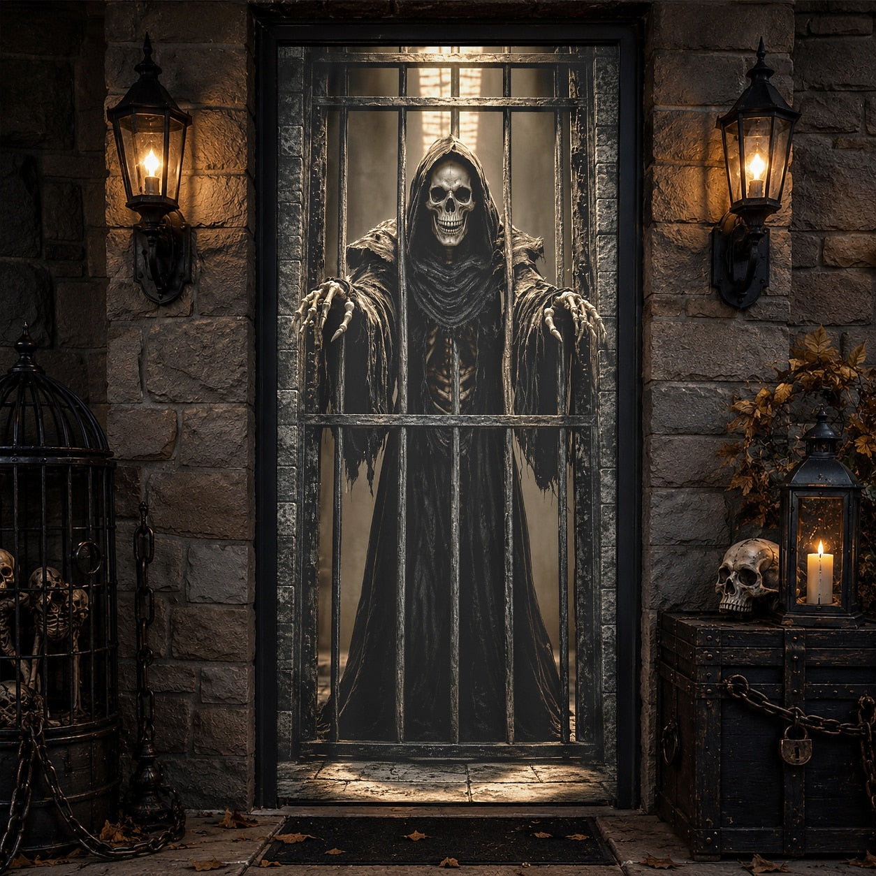 Lantern Witch Hat Door Banner Halloween Door Cover Skeleton Prison Grim
