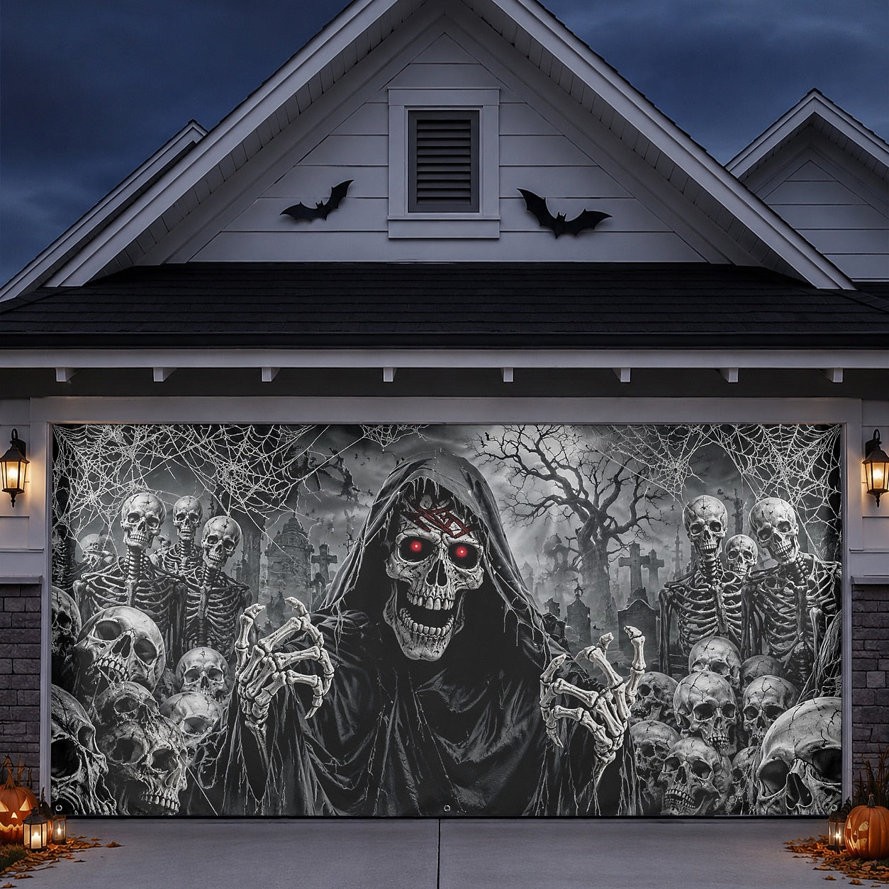 Flaming Skull & Burning Fire Skeleton | Halloween Garage Door Banner Cover