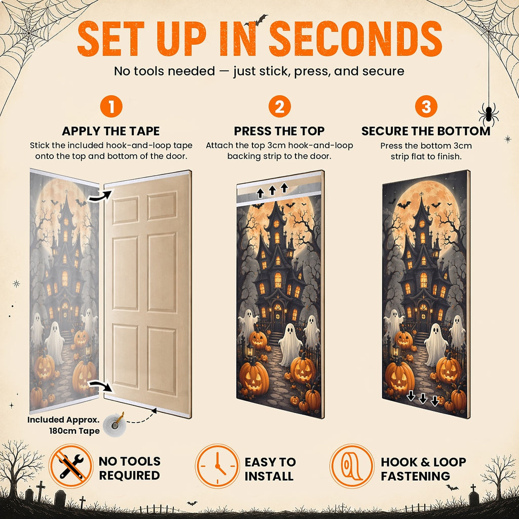 Pumpkin Full Moon Banner Halloween Door Cover Glowing Skull Grim Reaper